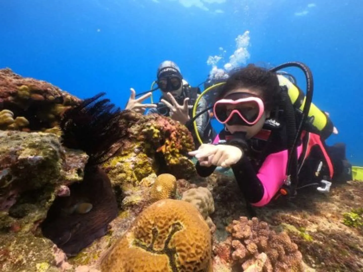 屏東小琉球水肺潛水體驗，潛水員在絢麗多彩的珊瑚礁前擺出優美姿勢，探索豐富的海底景觀，享受專屬的水下攝影服務。