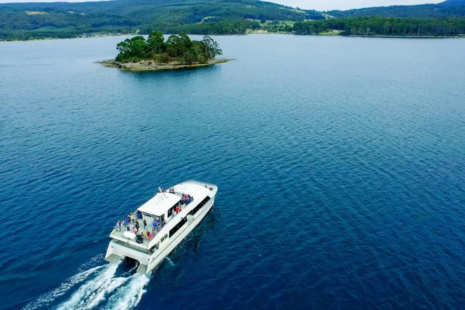 A scenic cruise boat gliding across the blue waters of Port Arthur, offering stunning views of Tasmania's coastline and a lush green islet, providing a unique perspective of the World Heritage site.