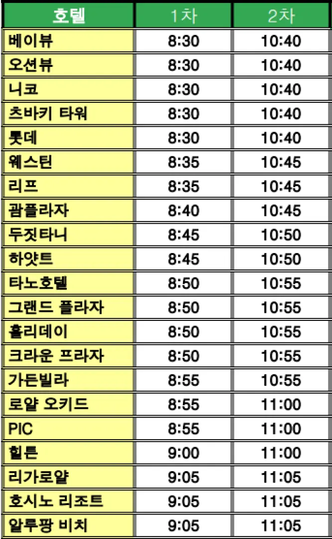 괌의 다양한 호텔과 스쿠버 다이빙 체험을 위한 두 가지 편리한 픽업 시간을 보여주는 상세 일정표로, 참가자들의 이동 편의를 보장합니다.