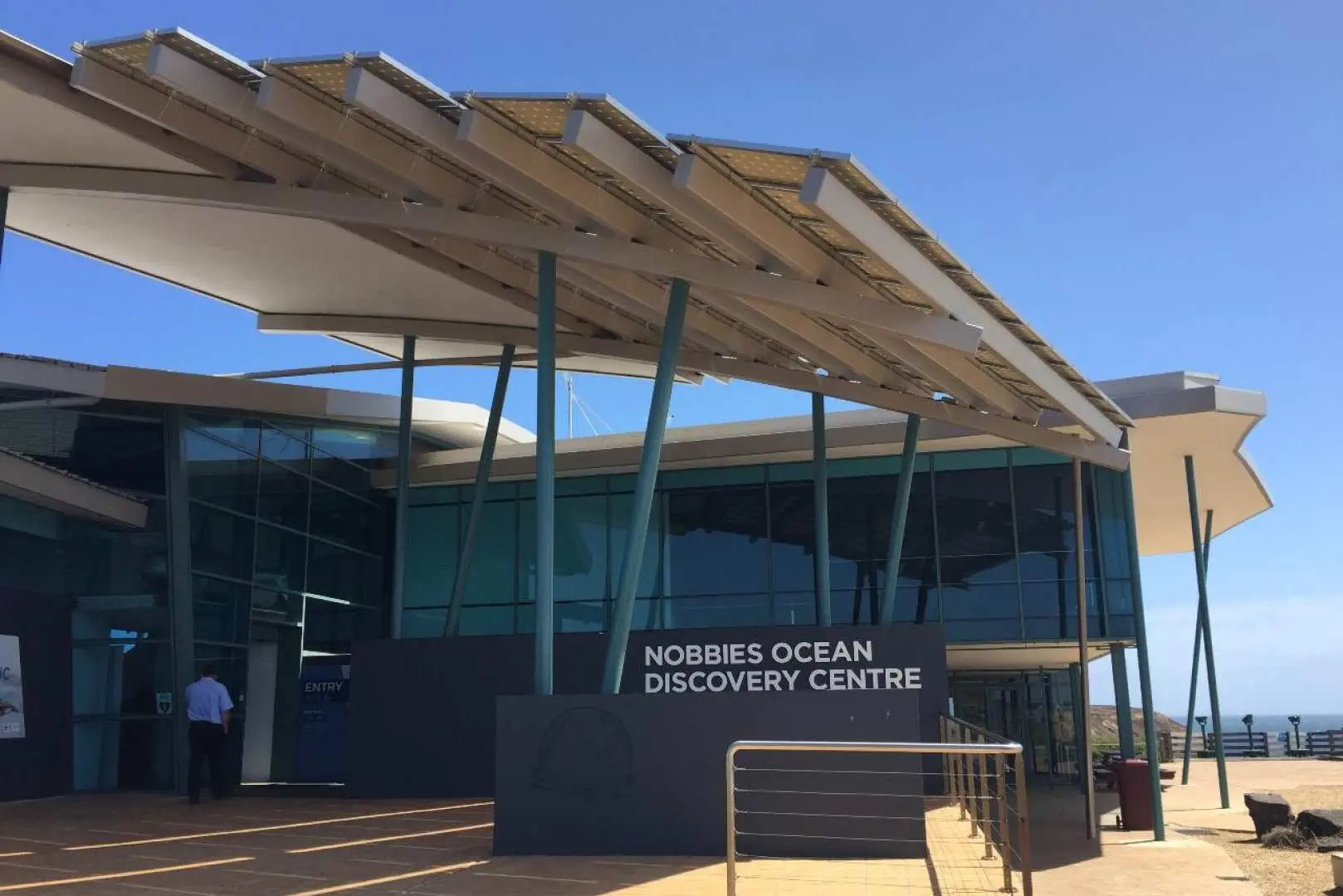 The modern exterior of the Nobbies Ocean Discovery Centre on Phillip Island, Melbourne, situated by the coast, an ideal spot to explore Australian marine life and before the Penguin Parade.