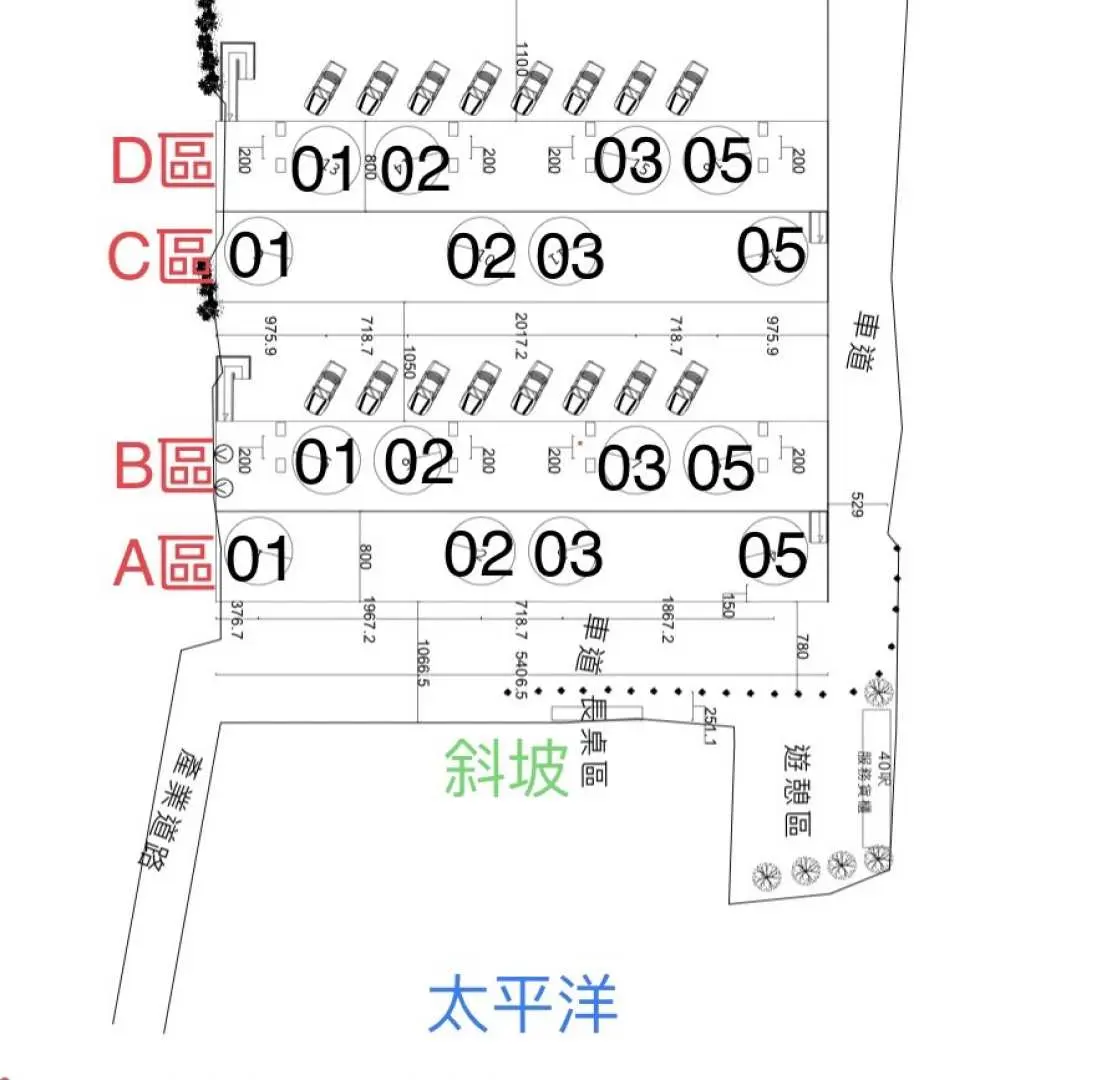 台東海邊舟舟曉晴星空露營地第2營區的平面配置圖，詳細標示A、B、C、D區的帳篷位置、停車格及面向太平洋的地理方位。