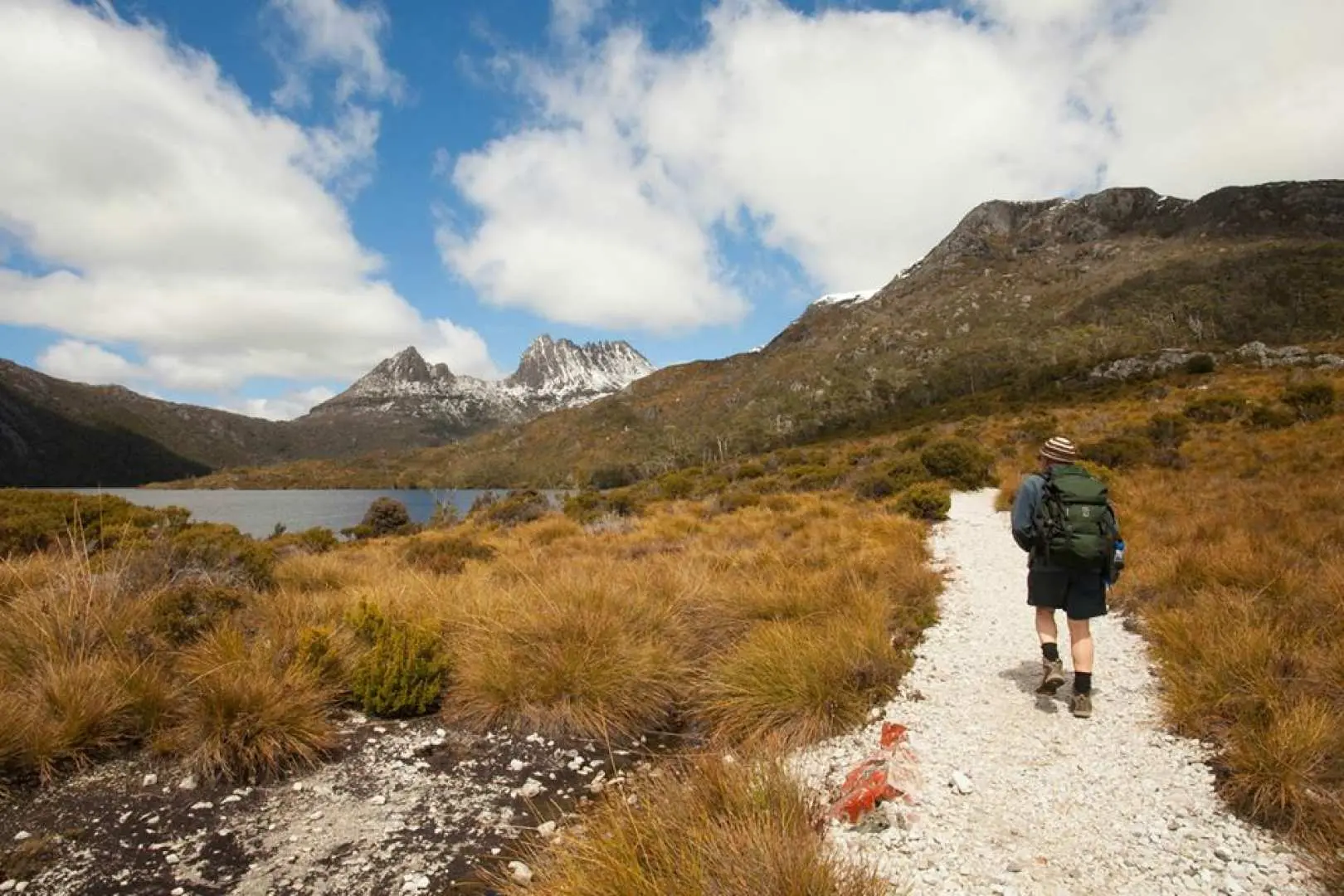 A lone backpacker walks along a gravel trail through dry grasslands in Tasmania's Cradle Mountain National Park, with Dove Lake and Cradle Mountain visible in the distance.