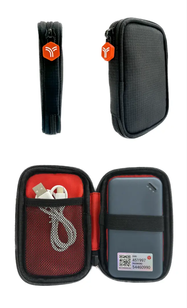 Compact 4G portable Wi-Fi device and charging cable neatly packed in a black zippered travel case, ready for reliable, unlimited internet access in Japan.