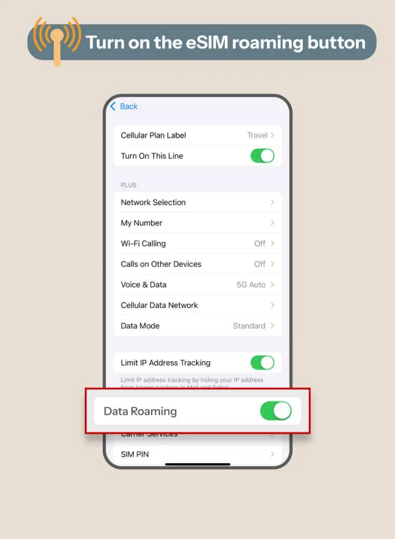 Traditional Chinese instruction image showing how to enable eSIM data roaming in phone settings for seamless internet connection during USA and Canada travel.