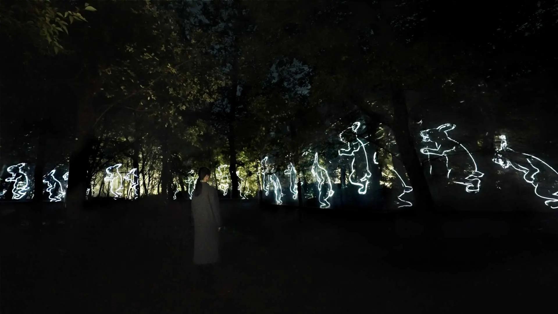 大阪長居植物園teamLab夜間展覽，抽象光影動物在森林中靈動穿梭，遊客彷彿置身於奇幻世界。