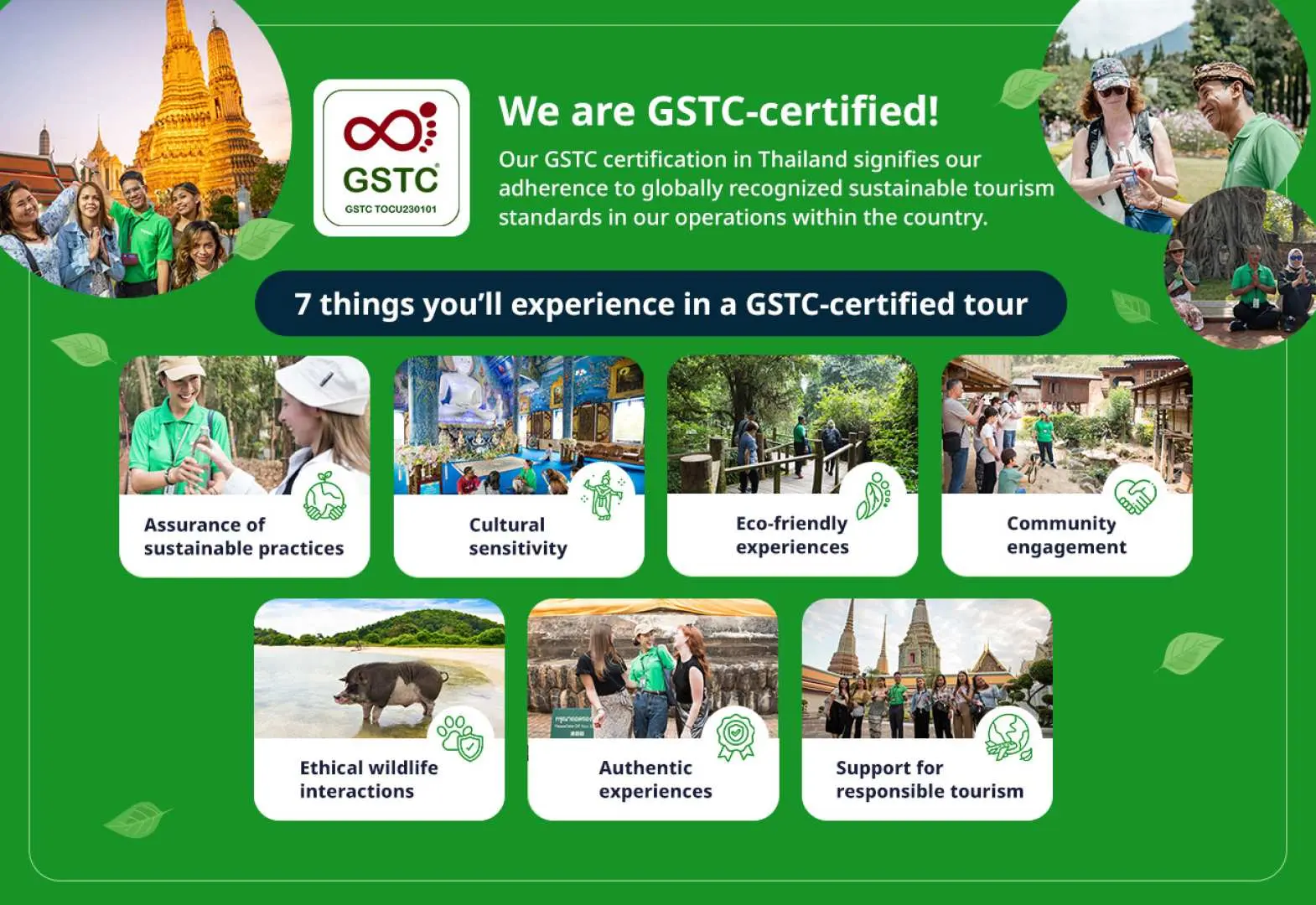 An infographic titled 'We are GSTC-certified!' outlining seven GSTC-certified sustainable tourism experiences in the Chiang Mai 3-hour old city and temple walking tour, including cultural sensitivity and eco-friendly practices.