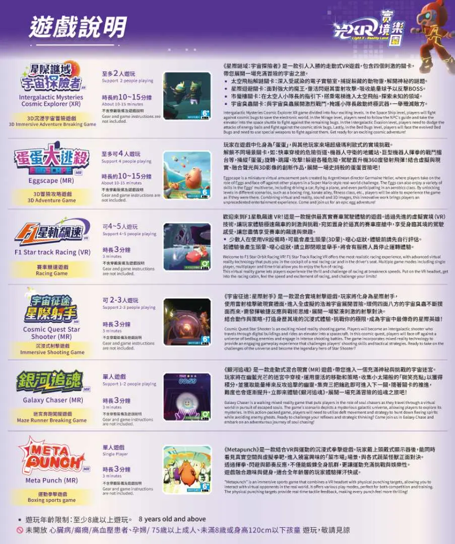 光XR實境樂園遊戲詳細說明，包含「宇宙征途 星際射手」及「蛋蛋大逃殺」等遊戲介紹、縮圖及遊玩資訊。