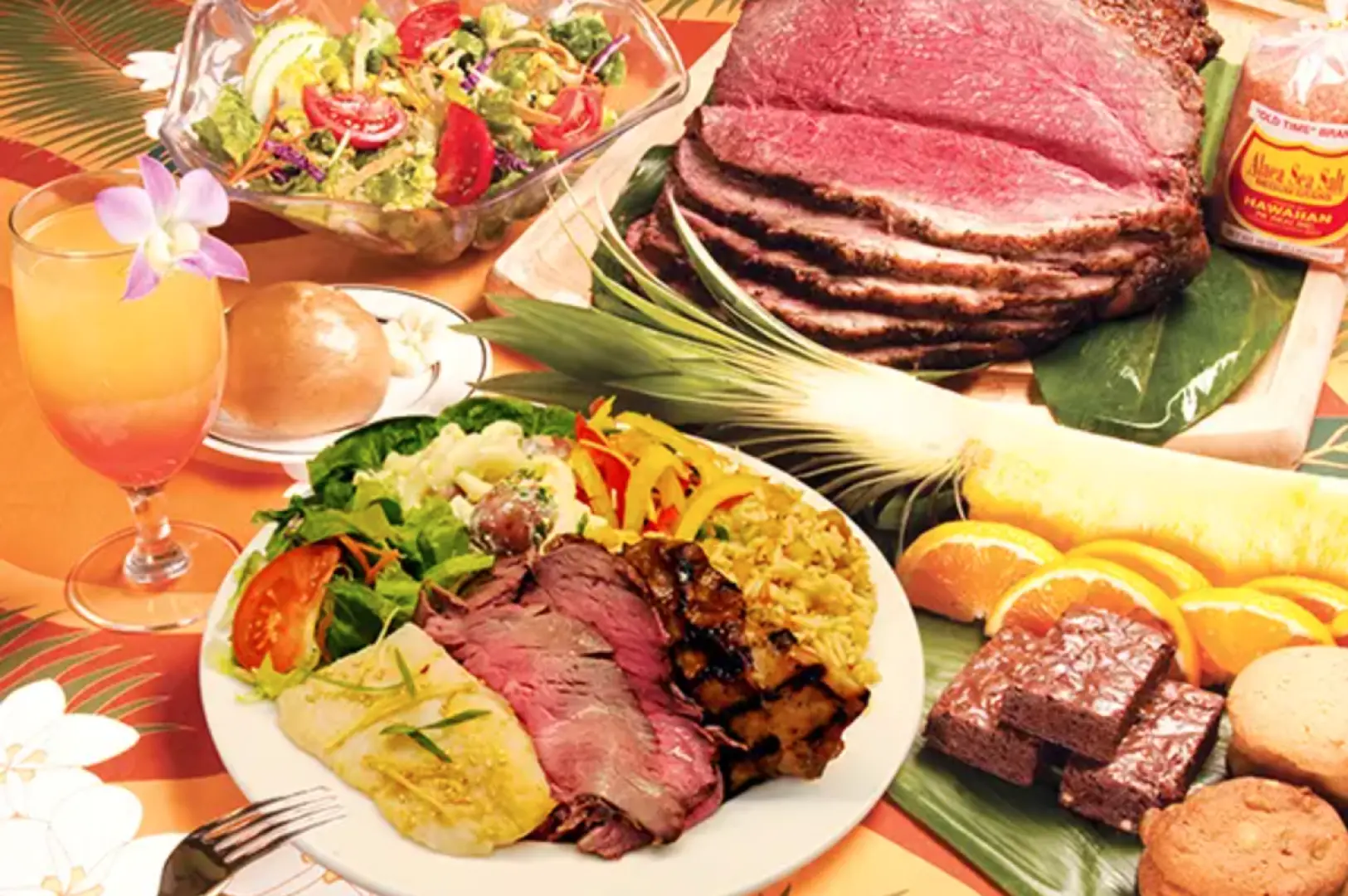 A lavish Pacific Rim buffet dinner featuring a succulent roast beef carving station, fresh fish, assorted salads, and delightful desserts for an unforgettable dining experience.