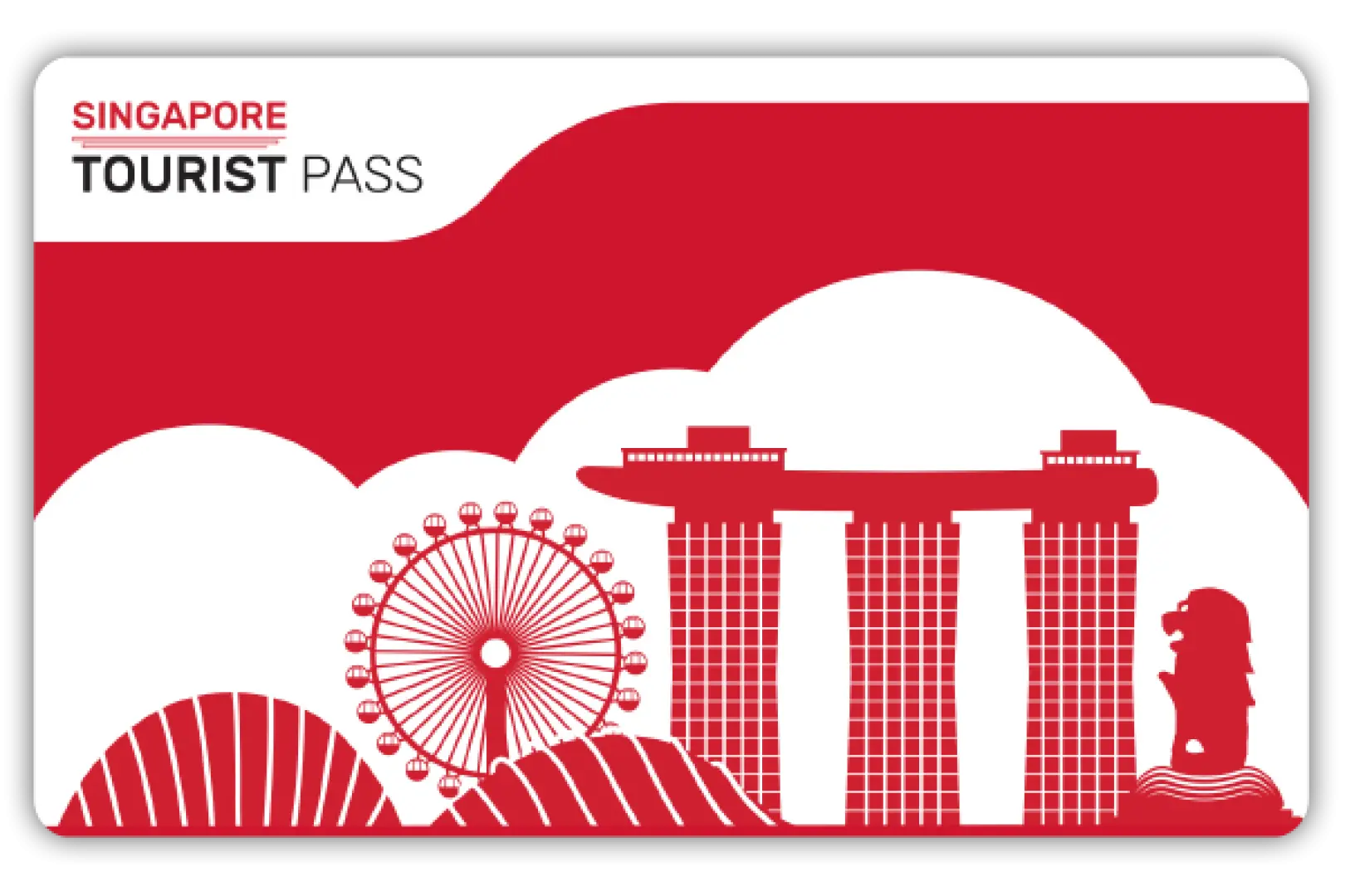 Singapore Tourist Pass card design, featuring iconic landmarks like Marina Bay Sands, Singapore Flyer, and Merlion on a red and white background, symbolizing convenient city exploration.