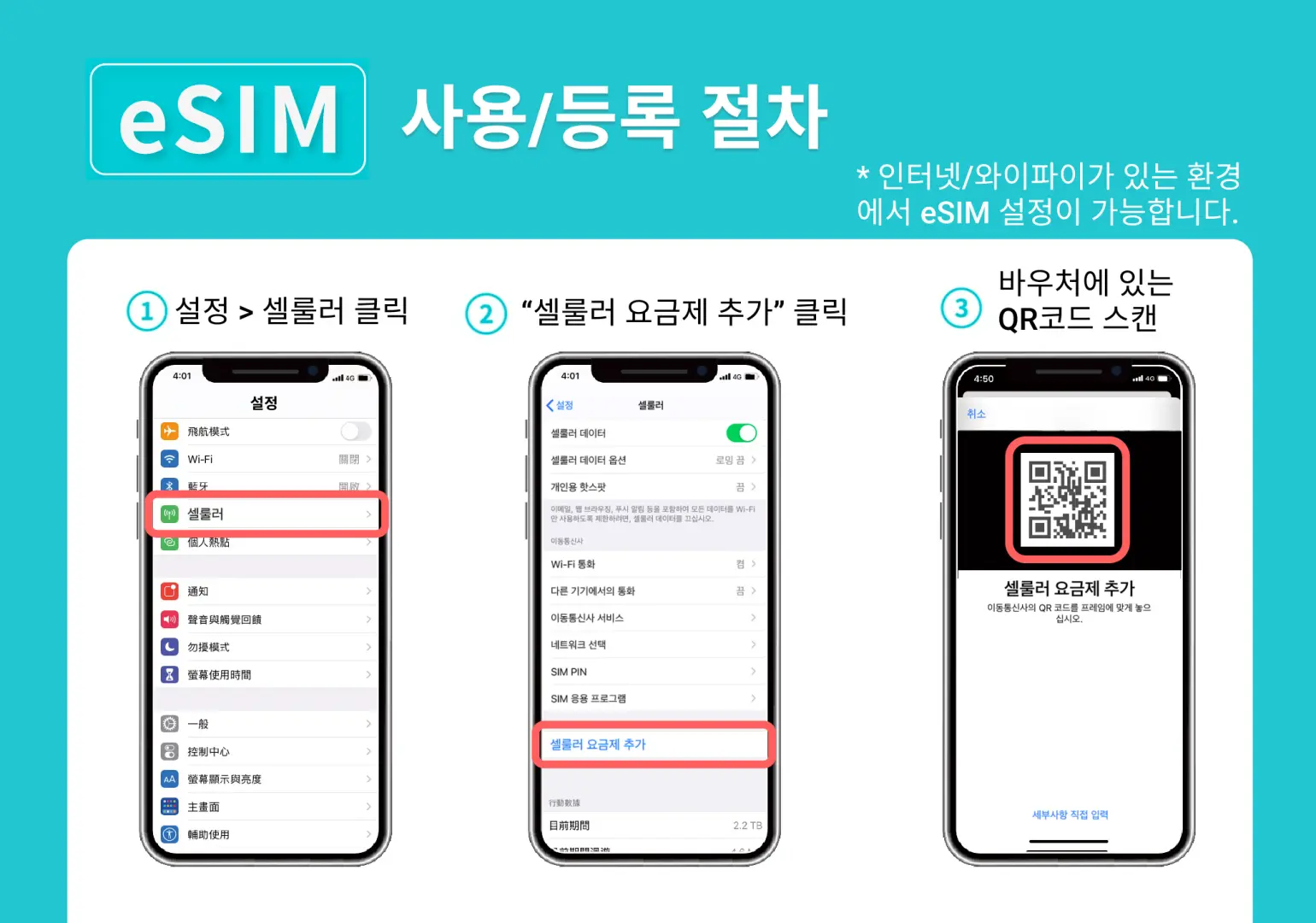 아이폰 화면 3개에 한국어 eSIM 사용/등록 절차를 보여줍니다. 설정에서 셀룰러를 클릭하고 셀룰러 요금제를 추가한 후 QR 코드를 스캔하여 미국 하와이 eSIM을 간편하게 설정합니다.