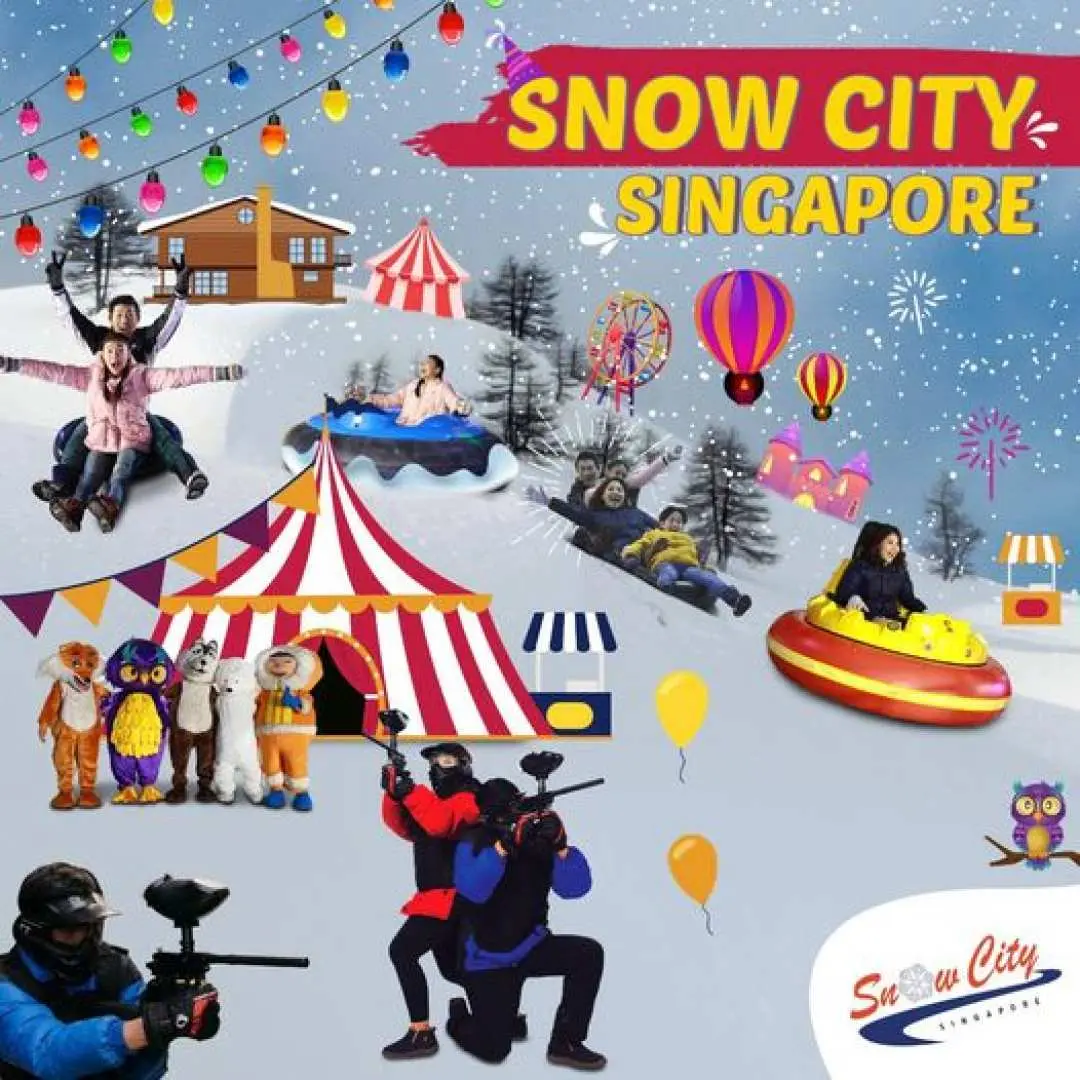 Promotional image for Singapore Snow City, showcasing various winter activities: snow tubing, ice bumper cars, snow play, a circus tent, and a shooting range, highlighting a rich snow park experience.