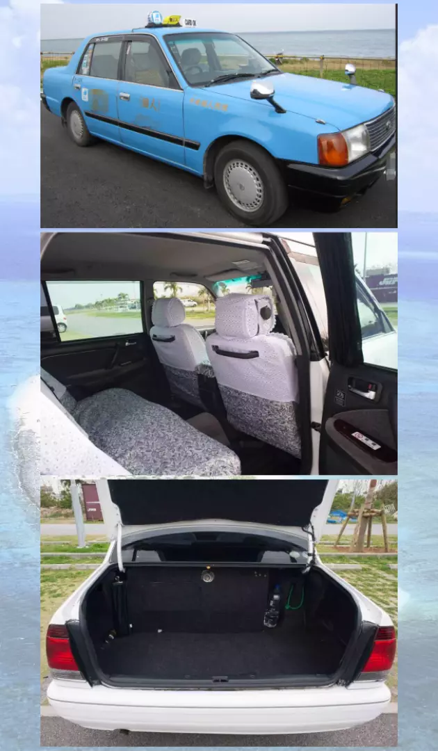 沖繩藍色日式計程車的外觀、整潔後座與寬敞行李箱的拼貼圖，展現機場接送車輛的舒適與載物能力。