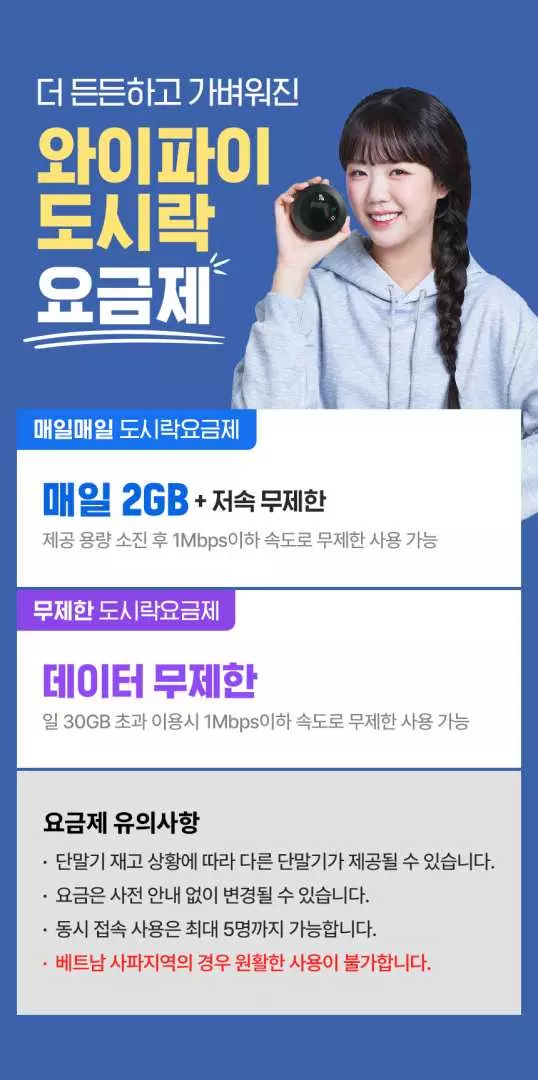 여성이 '와이파이 도시락' 기기를 들고 있는 홍보 이미지로, 베트남 여행을 위한 일 2GB 또는 무제한 4G 데이터 요금제를 안내하고 있습니다.