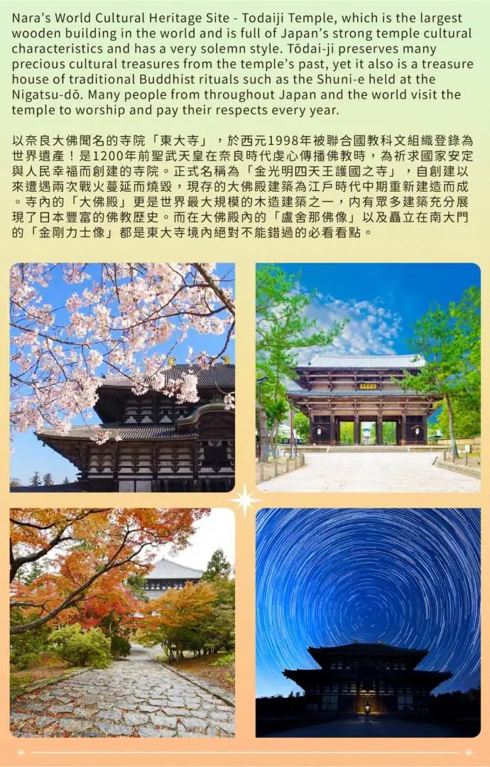 東大寺世界文化遺產資訊圖，展示了奈良東大寺在櫻花、秋葉及夜景中的四季魅力，提供豐富的歷史文化背景。