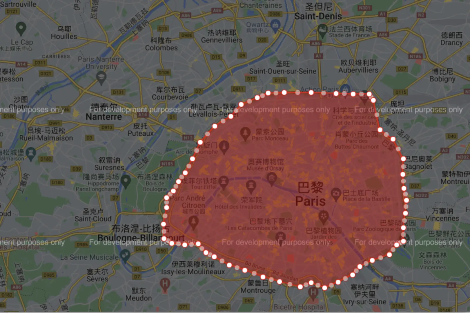 巴黎市區地圖，標示出戴高樂機場（CDG）接送服務的覆蓋範圍，包含巴黎市中心及周邊迪士尼樂園區域，提供清晰的服務區域指引。