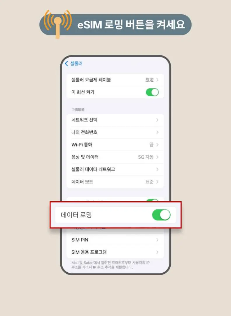 스마트폰 설정 화면에서 '데이터 로밍' 스위치가 빨간색으로 강조되어 있으며, 한국에서 원활한 인터넷 사용을 위해 eSIM 데이터 로밍을 켜도록 안내한다.