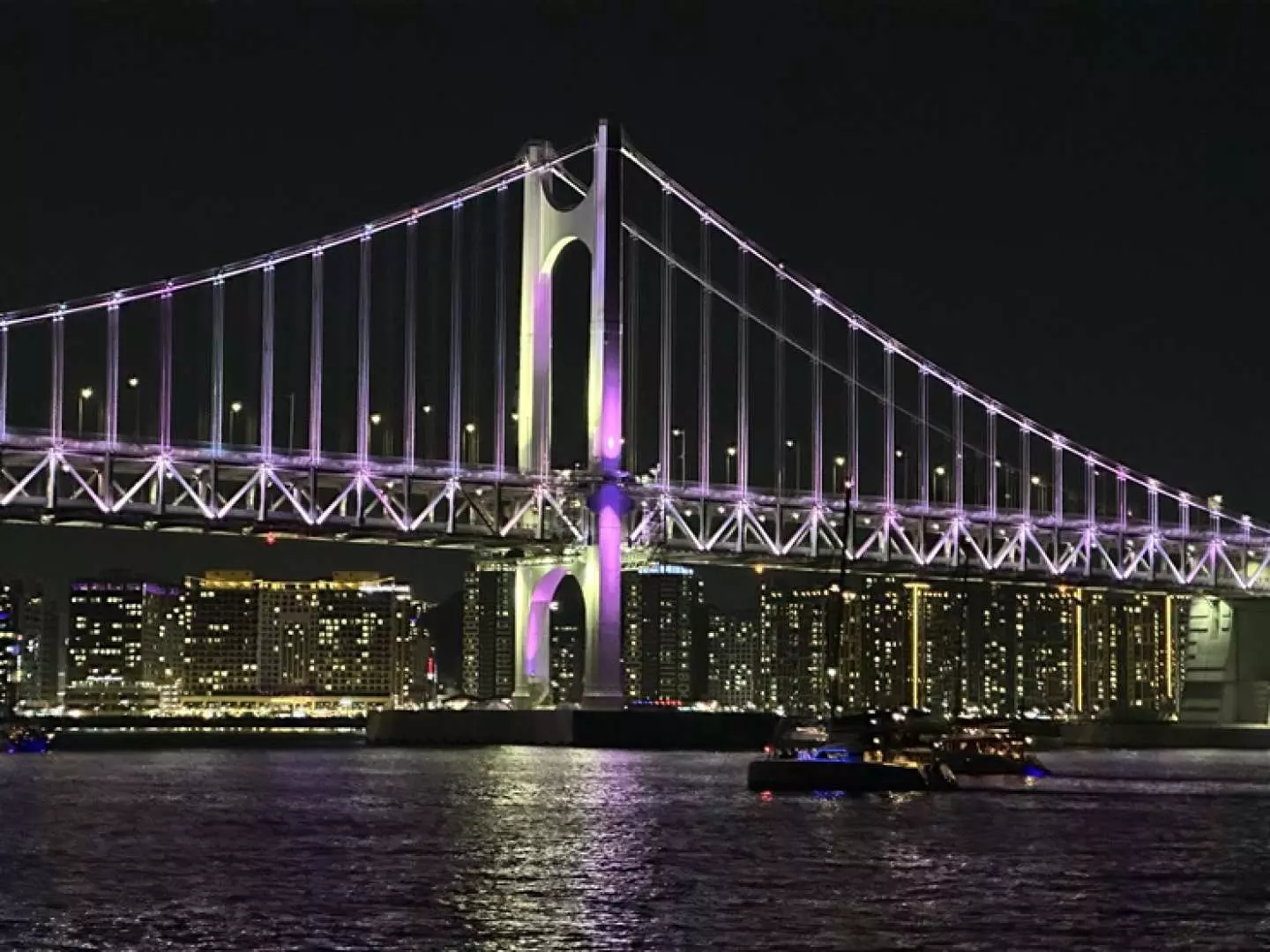 釜山廣安里夜景遊艇之旅，欣賞廣安大橋在夜色中閃耀著紫色燈光，背景為璀璨城市。