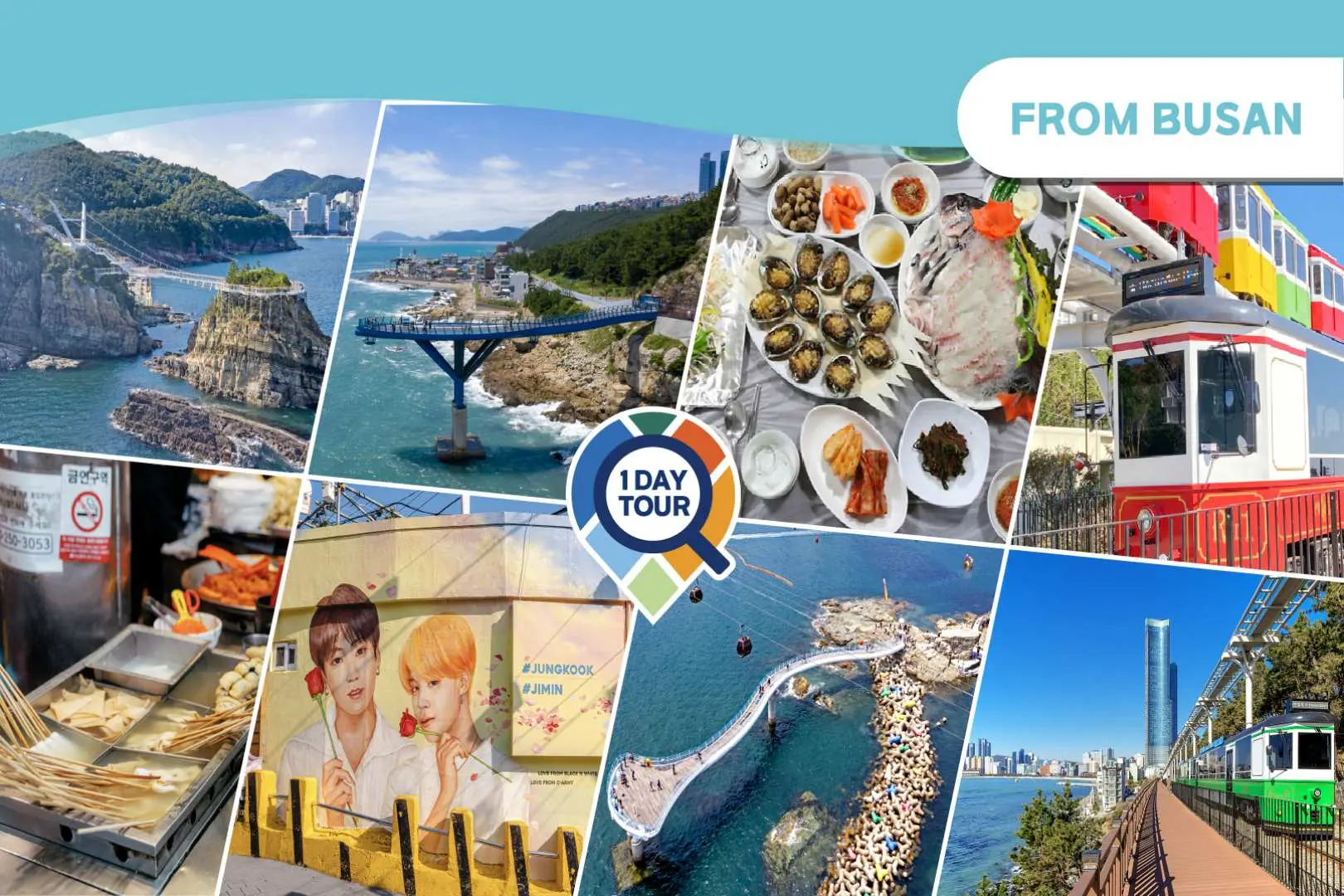 Multi-image collage of Busan day tour highlights, compiling essential attractions like Cheongsapo Sky Capsule, Songdo Cable Car, Haedong Yonggungsa Temple, and Gamcheon Culture Village.