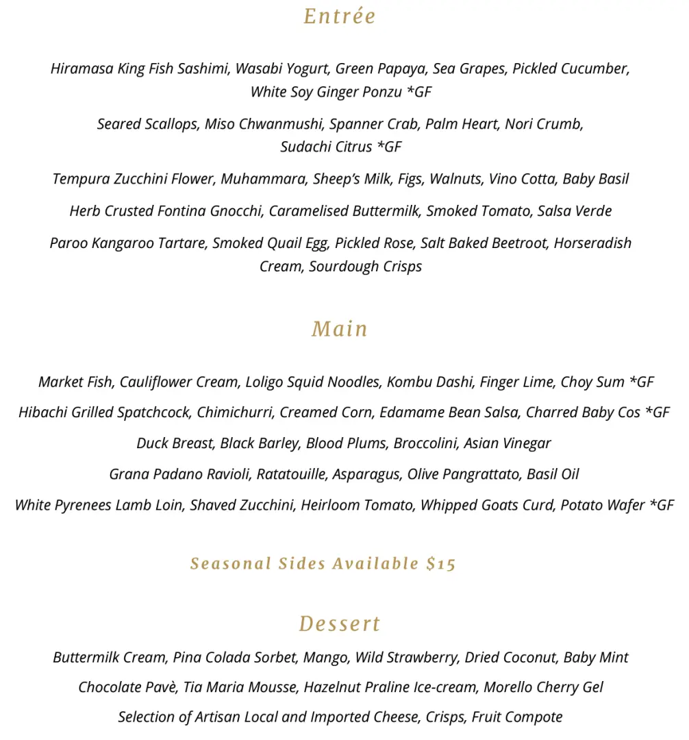 Hunters Quarter restaurant's two-course menu, detailing exquisite entrée, main, and dessert options, offering diverse local flavors like Hiramaso King Fish Sashimi and roasted lamb loin.