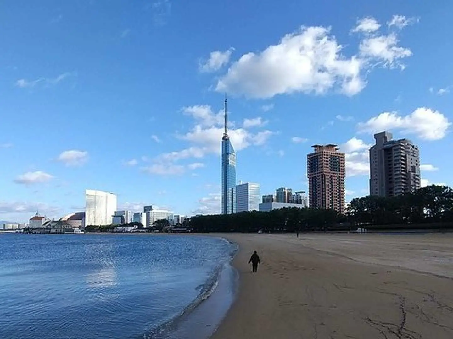 A picturesque view of Fukuoka's sandy beach and calm ocean, with the iconic Fukuoka Tower and modern city skyline under a clear blue sky, perfect for scenic photography.