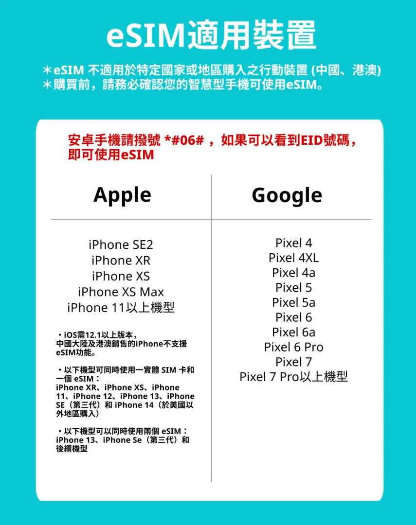 繁體中文eSIM適用裝置列表，詳細列出支援eSIM服務的Apple iPhone和Google Pixel手機型號及注意事項，方便旅客查詢。
