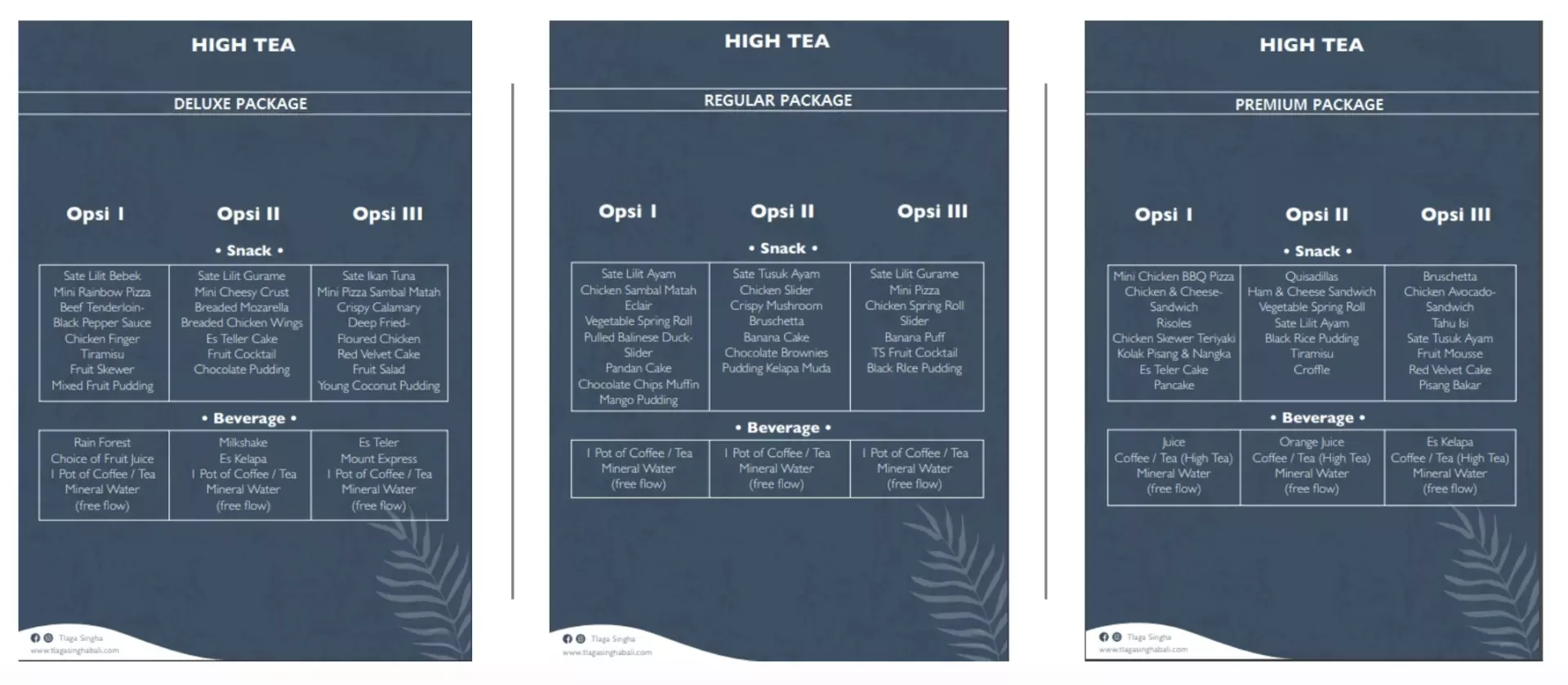 High Tea Menu at Bali Tlaga Singha Tropical River Pool Club, presenting Deluxe, Regular, and Premium packages with various snacks and refreshing beverages for a delightful afternoon.