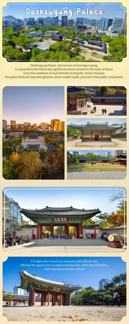 Deoksugung Palace tour infographic, showing the palace overview, traditional gates, and autumn gardens.