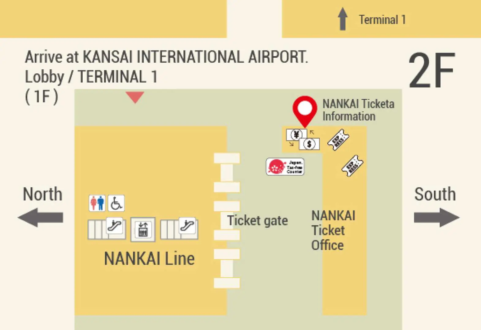 Map indicating the Nankai Ticket Office location at Kansai International Airport Terminal 1, 2F Lobby, where travelers can easily pick up their 5-day Nankai Tokushima Free Pass.