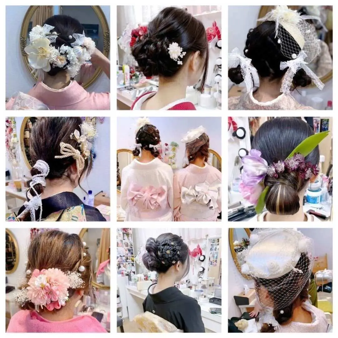 東京浅草の和服レンタルでは、多様な洗練されたヘアスタイルデザインサービスを提供し、花の髪飾りで顧客の和服姿を完璧に仕上げます。