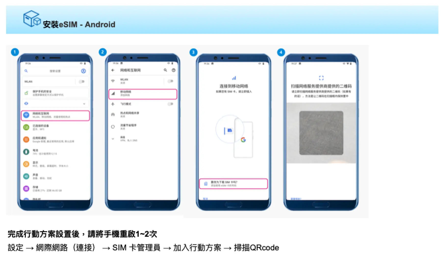 Android手機安裝Vinaphone/Viettel越南eSIM的繁體中文教學步驟，詳細說明如何透過設定掃描QR碼啟用。