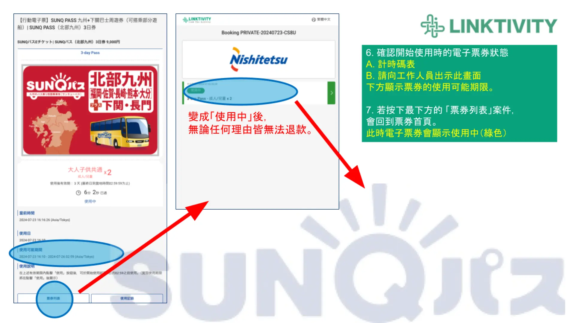 SUNQ Pass電子票券啟用確認畫面，提示「一旦使用恕不退款」的重要資訊，請旅客留意。