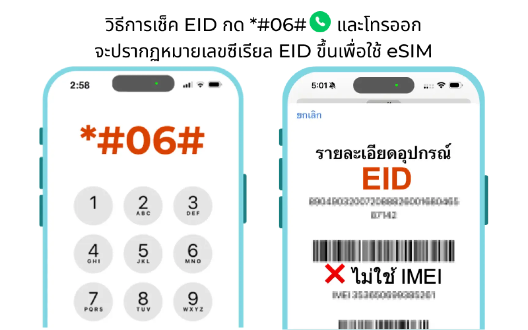 หน้าจอโทรศัพท์สองหน้าจอแสดงวิธีการกด *#06# เพื่อตรวจสอบหมายเลข EID ยืนยันว่าโทรศัพท์มือถือรองรับฟังก์ชัน eSIM สำหรับการเปิดใช้งานแผนข้อมูลมาเลเซียหรือไม่