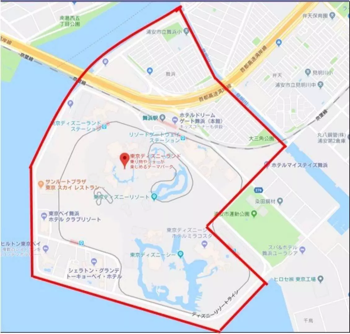 清楚標示東京迪士尼樂園及迪士尼海洋周邊的接送服務範圍地圖，方便旅客從羽田機場直達樂園酒店。