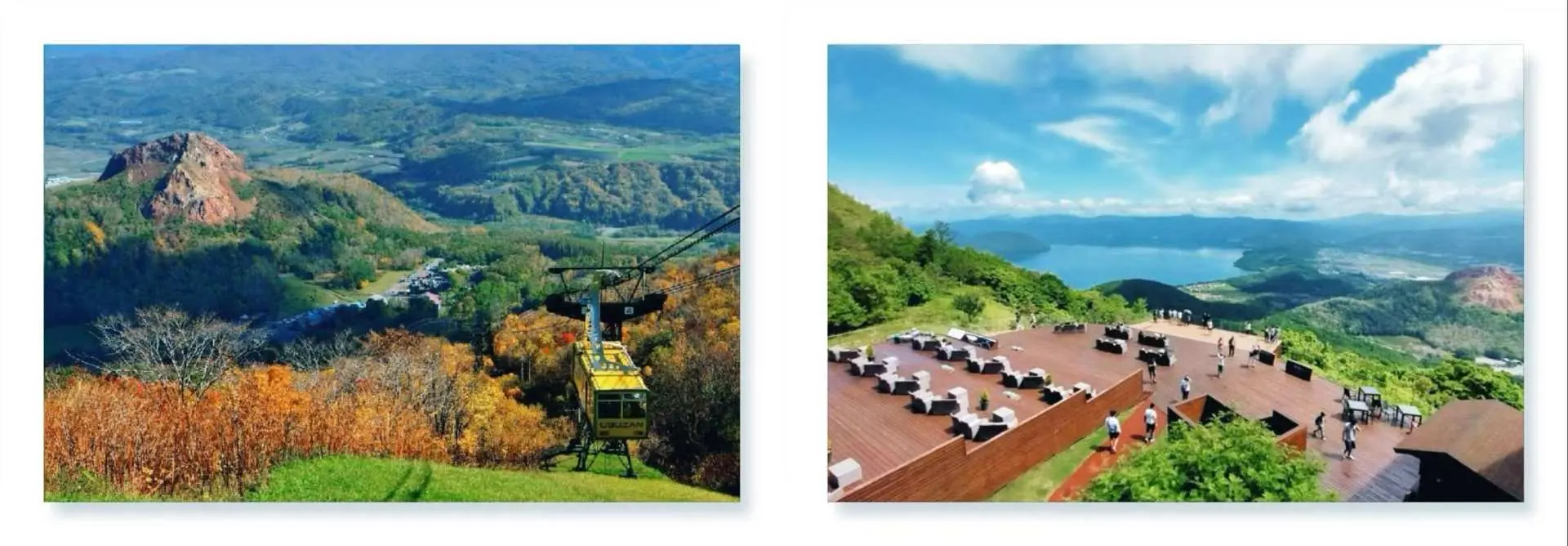 北海道有珠山纜車與洞爺湖景觀，左圖為纜車升空，右圖為觀景台上俯瞰壯麗嘅洞爺湖與山脈。
