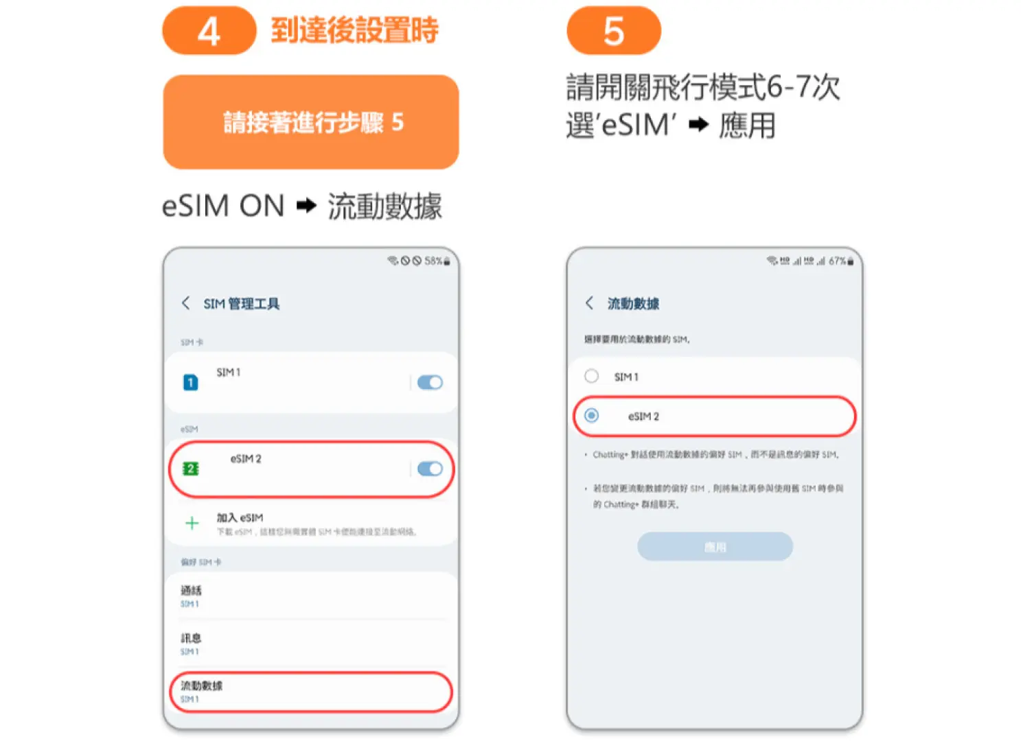 英文版iOS手機eSIM設定教學，涵蓋掃描QR Code安裝eSIM、啟動行動方案，以及設定預設號碼等關鍵步驟，確保旅客在越南能順利使用網路與通話。