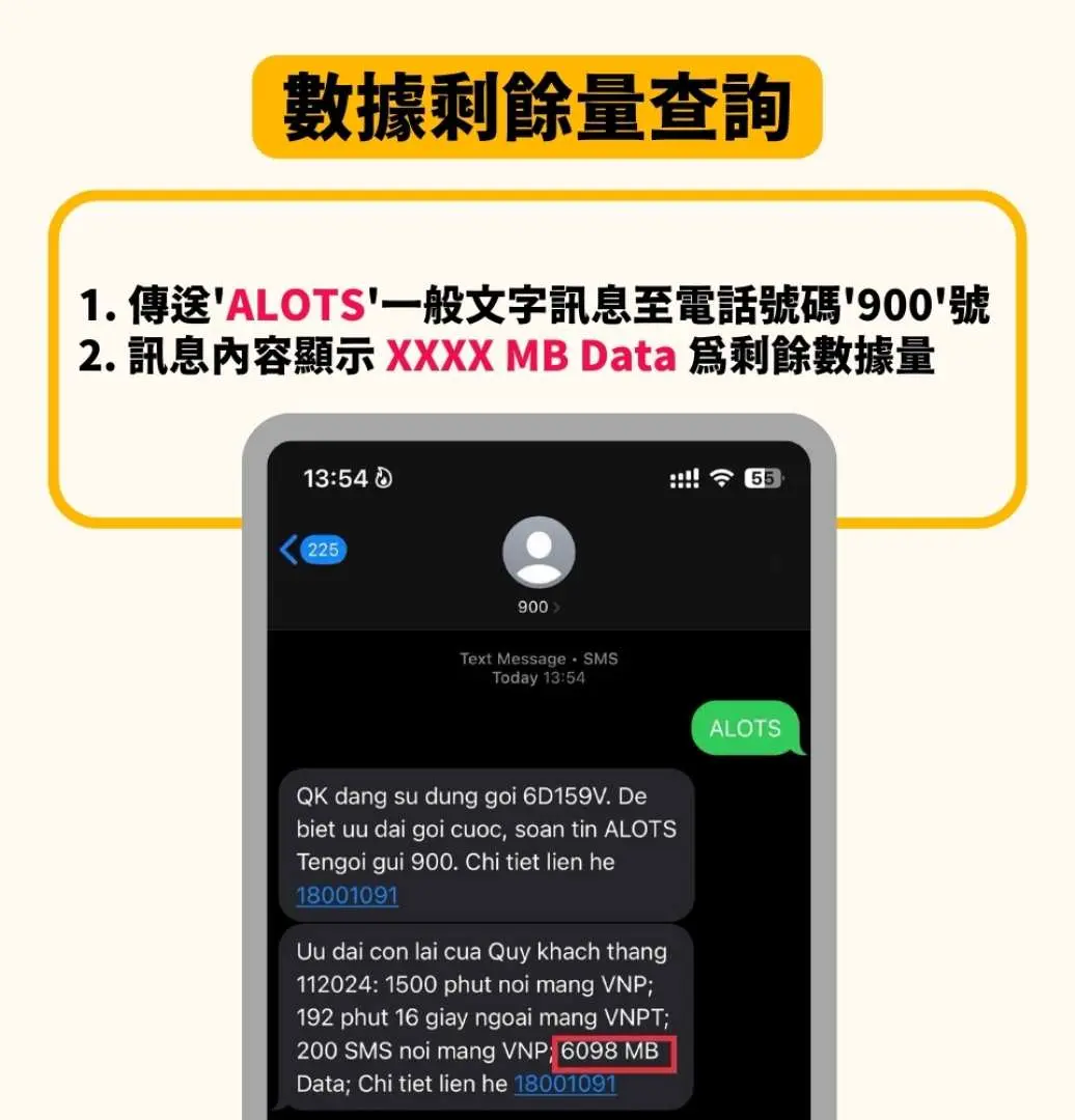 繁體中文手機截圖顯示如何查詢您的越南電話號碼，只需撥打*111#，螢幕將立即顯示您10位數的Vinaphone本地號碼，方便您在越南使用語音通話。