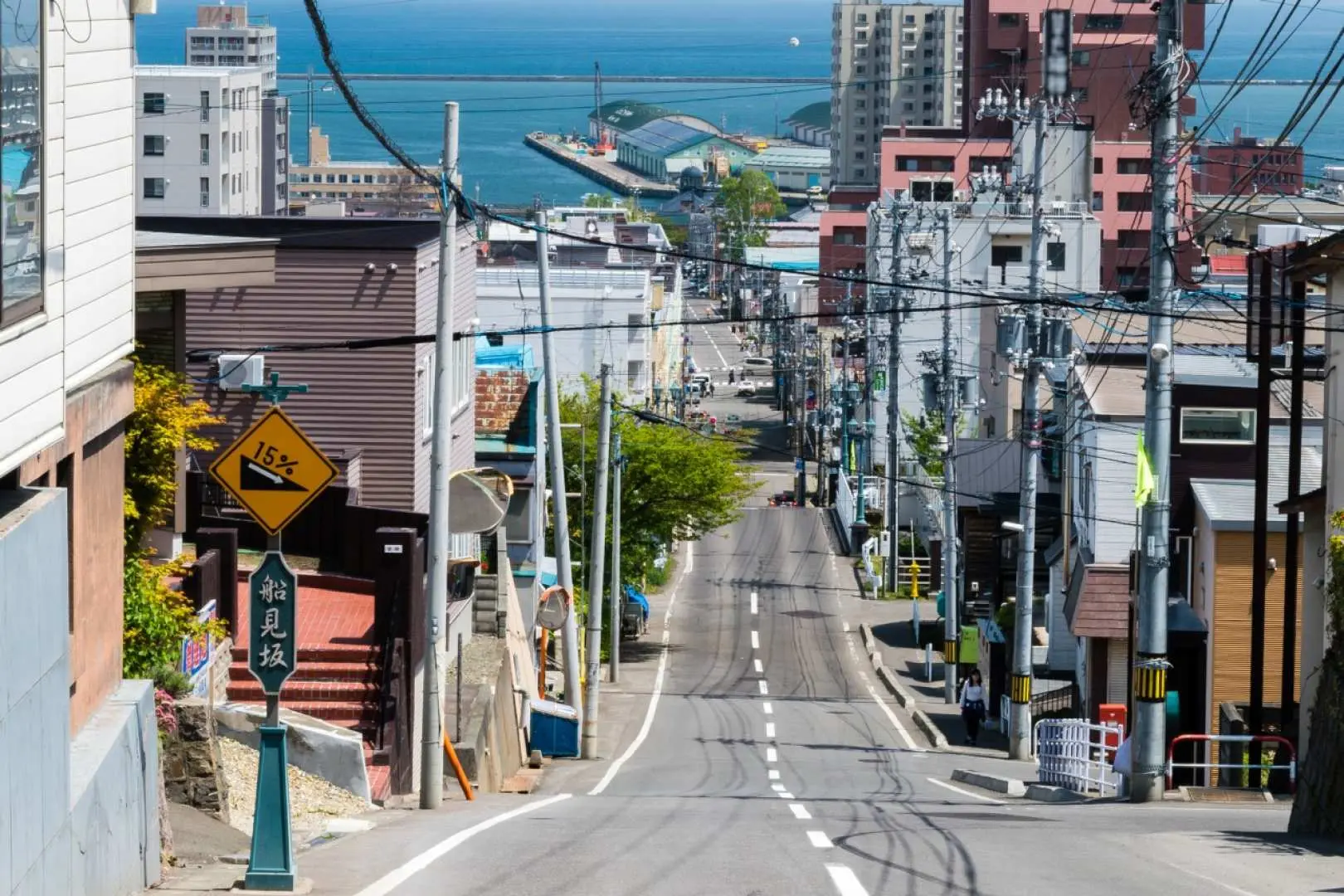 A steep road in Otaru, Hokkaido, leading towards the harbor with houses dotted along both sides, experiencing unique street views and sea breeze on a private guided tour.