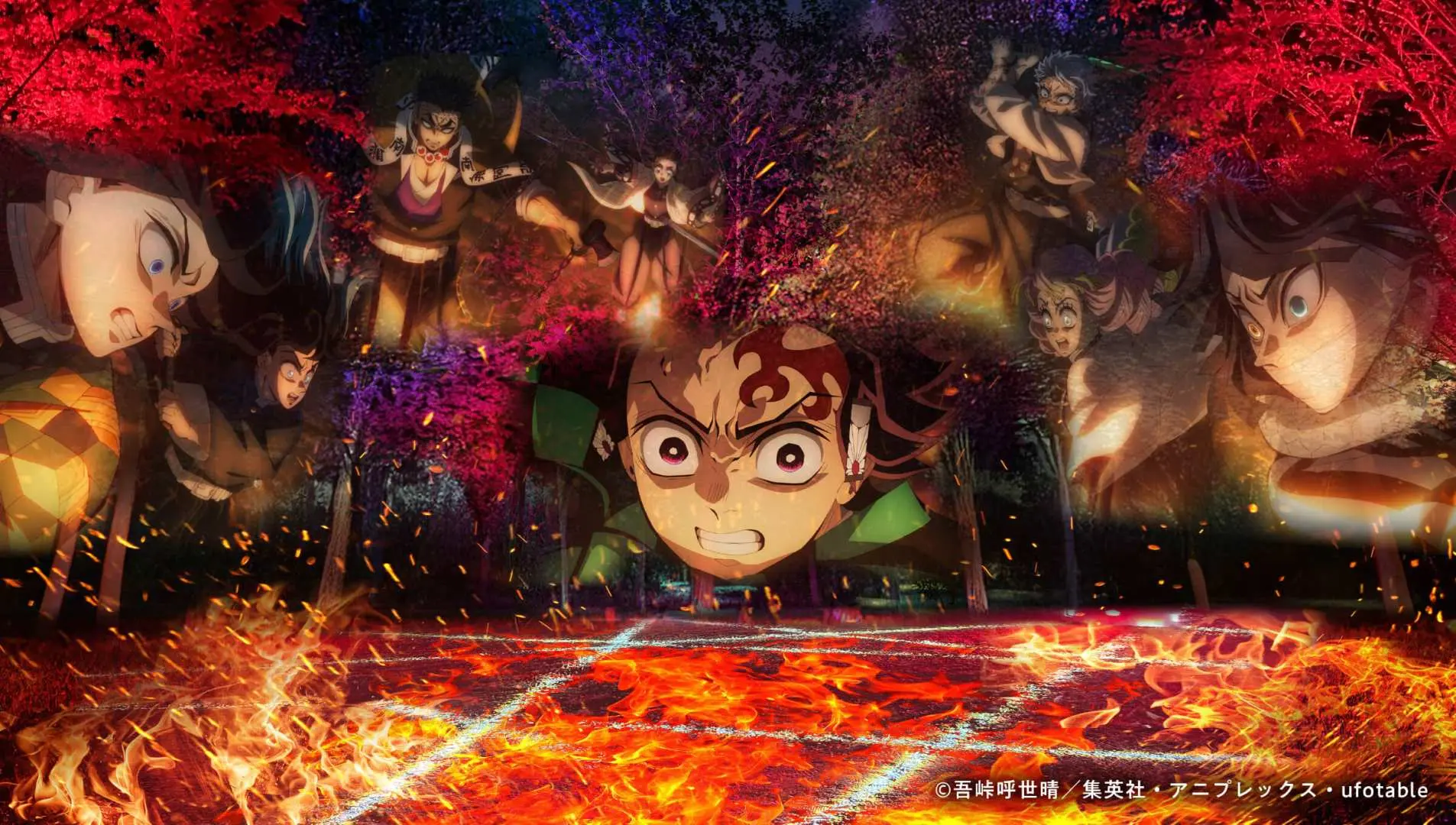 Dramatic visual of Tanjiro Kamado amidst fiery effects and other key characters from Demon Slayer, representing the intense battles and immersive experience at the Nijigen no Mori collaboration in Awaji Island.