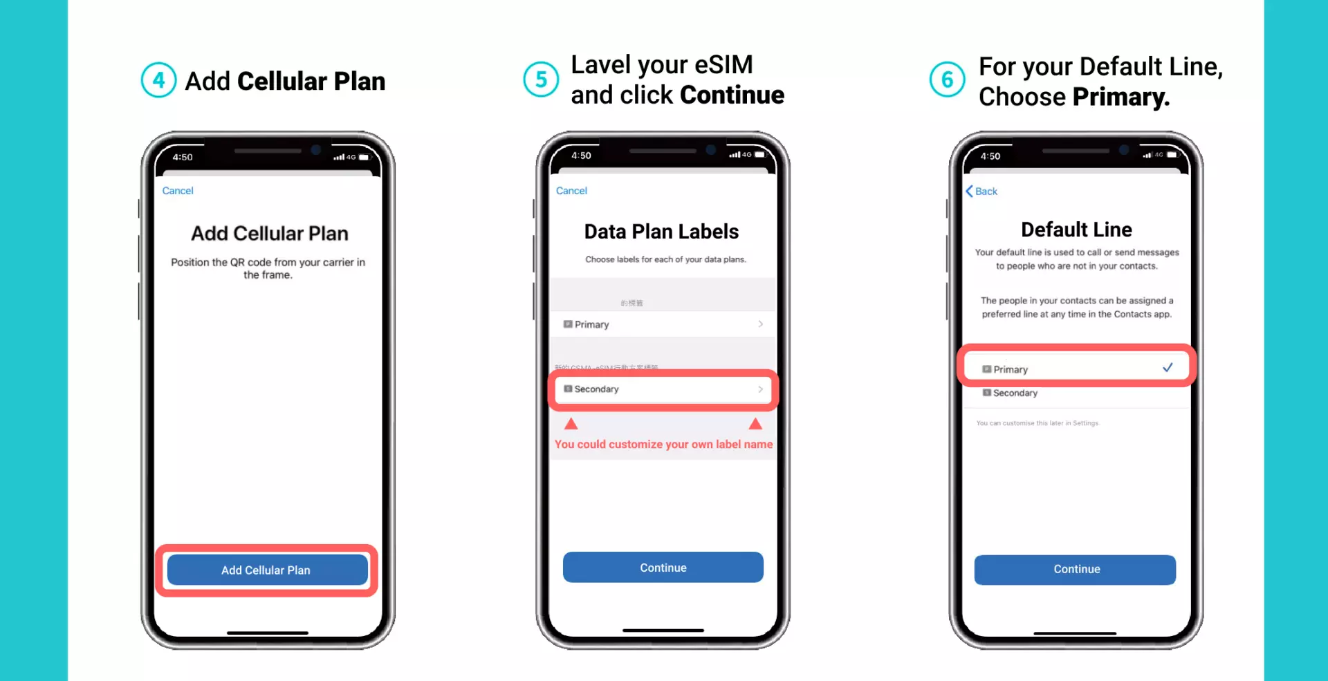 English eSIM installation guide on an iPhone for Thailand DTAC, demonstrating how to add a cellular plan, label the eSIM, and select a default line.