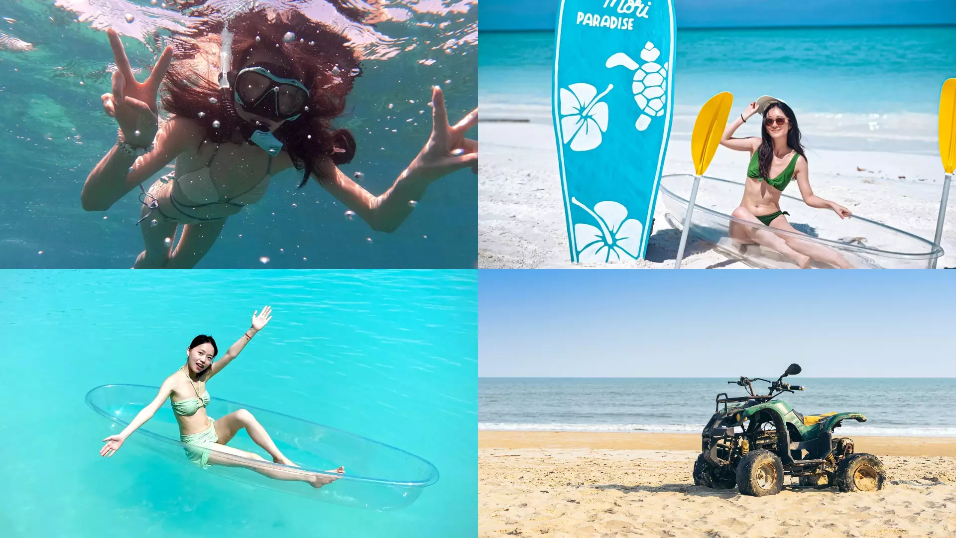 A collage showcasing diverse activities for Mengalum Island snorkeling day trip, including underwater snorkeling, clear kayaking, beach relaxation, and ATV rides, offering rich tropical island experiences.