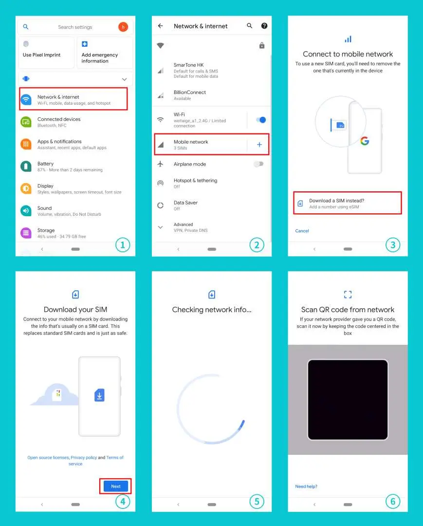 Hướng dẫn cài đặt và thiết lập eSIM trên điện thoại Android (phiên bản tiếng Anh), minh họa cách thêm gói dữ liệu di động từ cài đặt điện thoại và kích hoạt eSIM Mỹ qua mã QR.