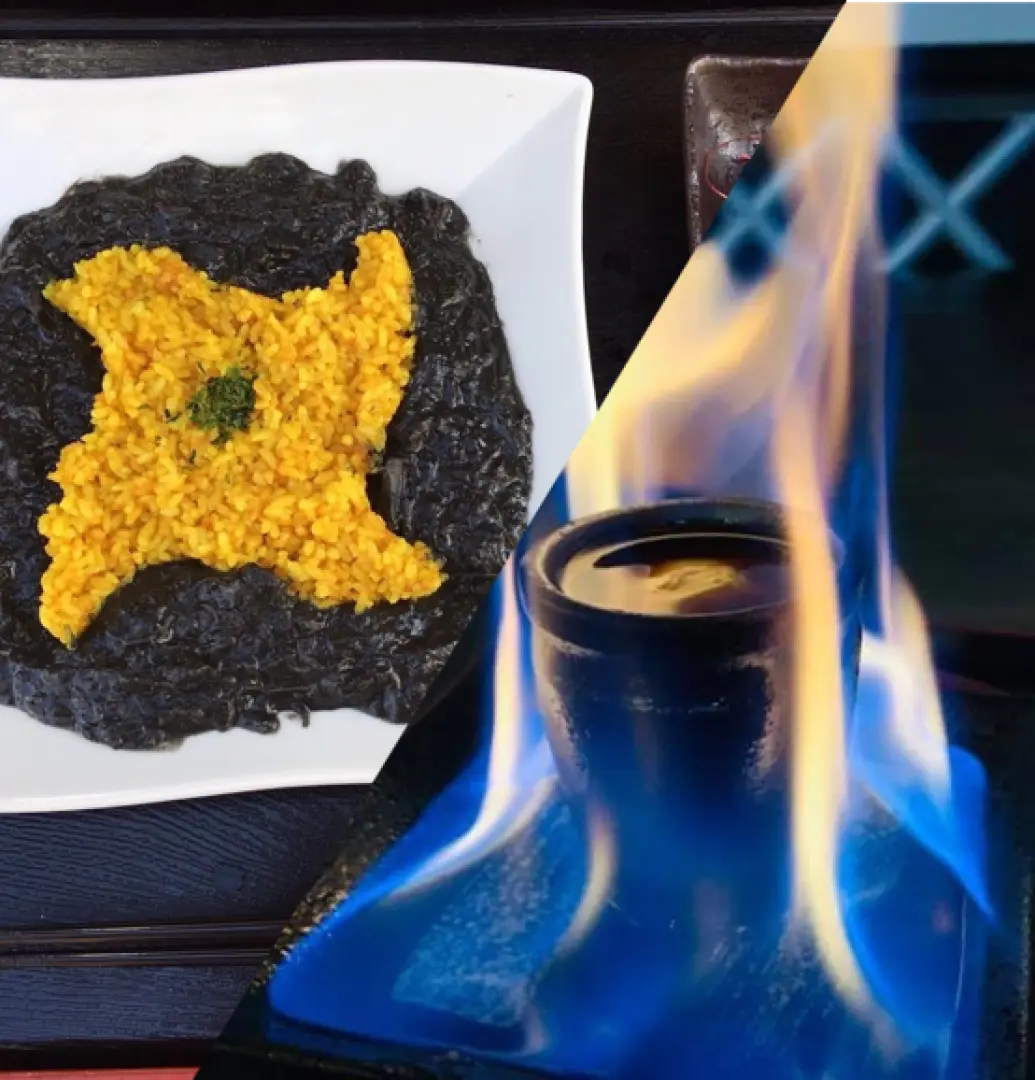 Special ninja-themed cuisine at Osaka Dotonbori/Namba Ninja Experience Cafe: black rice with shuriken-shaped golden fried rice, complemented by a dramatic flaming blue cocktail.