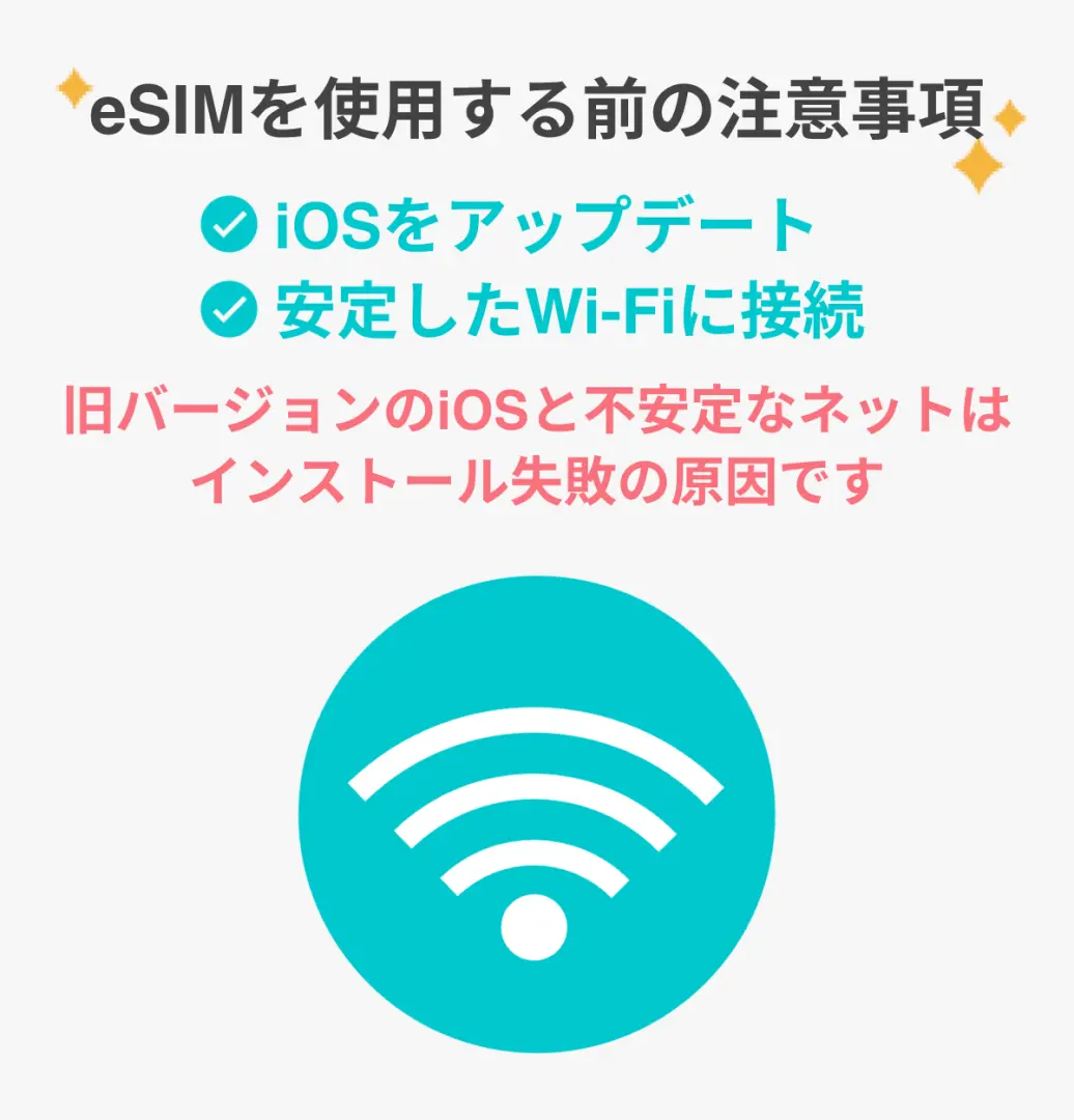 中国・香港・マカオeSIM利用前の注意事項を示す日本語の図です。iOSのアップデートと安定したWi-Fi接続の重要性を強調し、スムーズなインストールを促します。