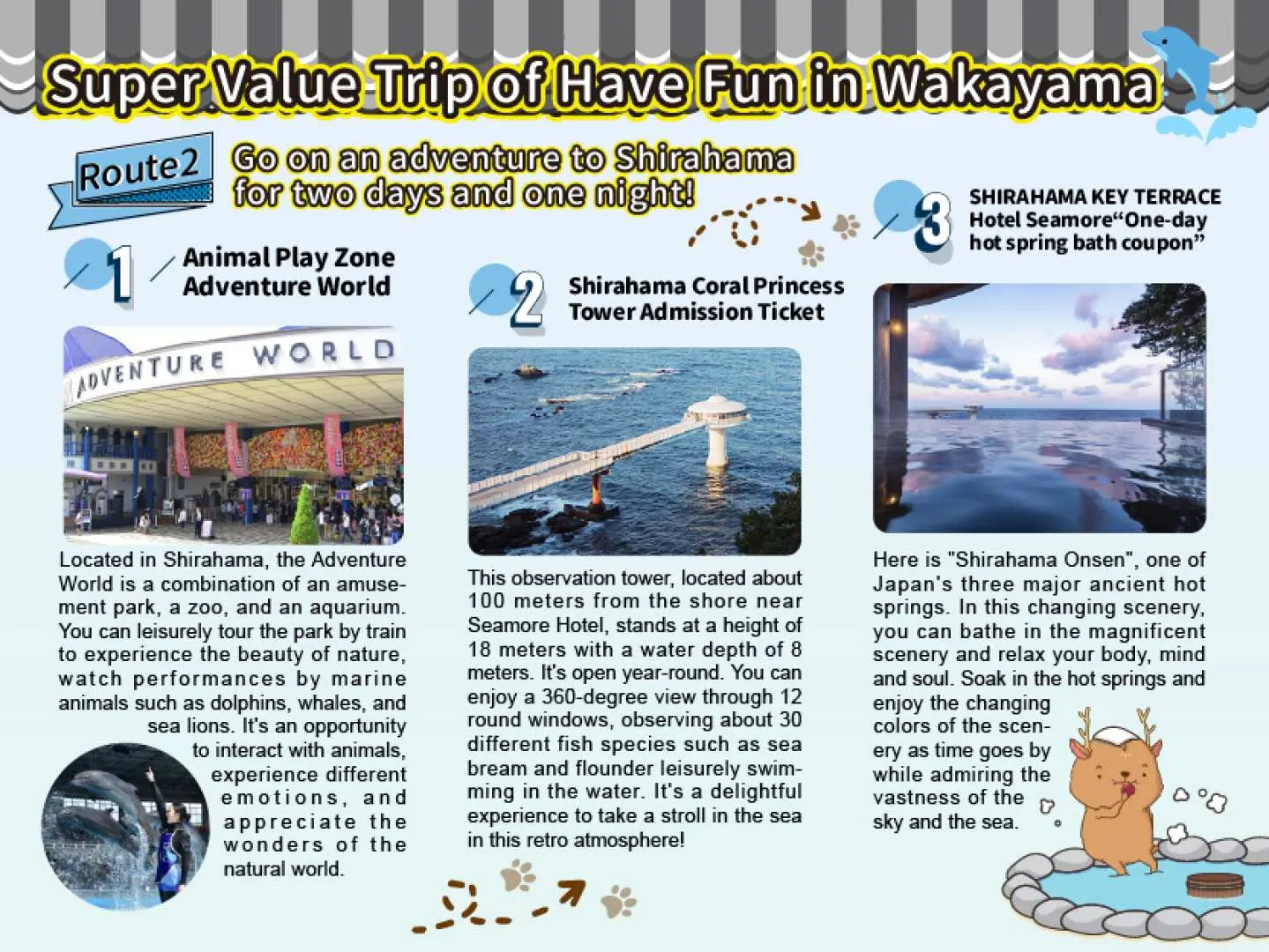 Wakayama Shirahama 2-day 1-night adventure itinerary poster, introducing Adventure World, Undersea Observation Tower, and ocean-view hot spring hotel.