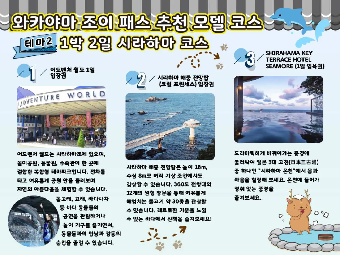 와카야마 시라하마 1박 2일 어드벤처 코스 포스터. 와카야마 어드벤처 월드, 해중 전망대, 오션뷰 온천 호텔을 소개합니다.