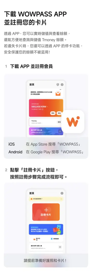資訊圖表展示如何下載WOWPASS應用程式並註冊預付卡，透過應用程式截圖示範管理韓國無現金支付與T-money餘額。