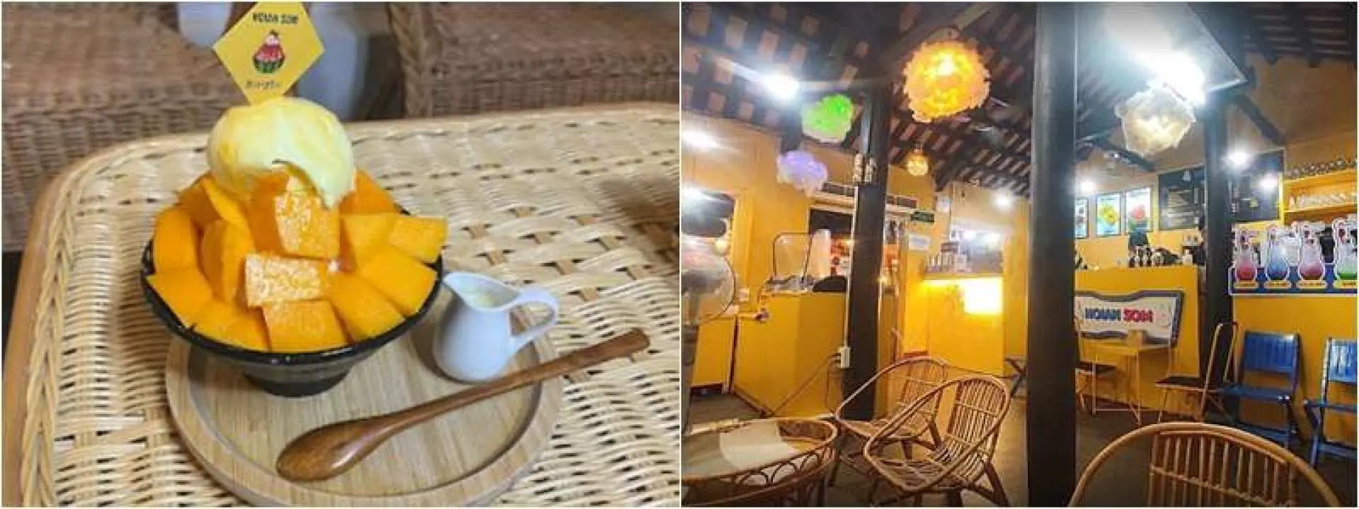 맛있는 망고 빙수 디저트와 아이스크림, 그리고 등나무 가구와 은은한 조명으로 아늑하고 소박한 호이안 카페의 실내를 담은 분할 이미지입니다.