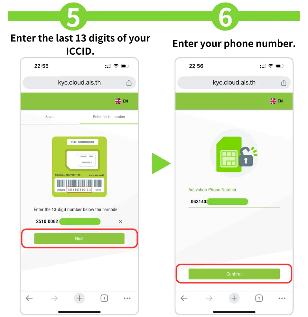 Thailand AIS eSIM real-name verification steps 7 & 8, showing English interface to prepare passport photo and take a selfie for identity authentication.