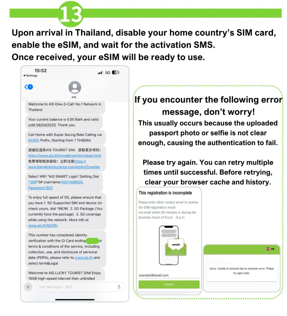 Thailand AIS eSIM setup guide steps 11 & 12, showing Japanese interface for iOS one-click install, Android QR code scan activation, and disabling eSIM in phone settings.