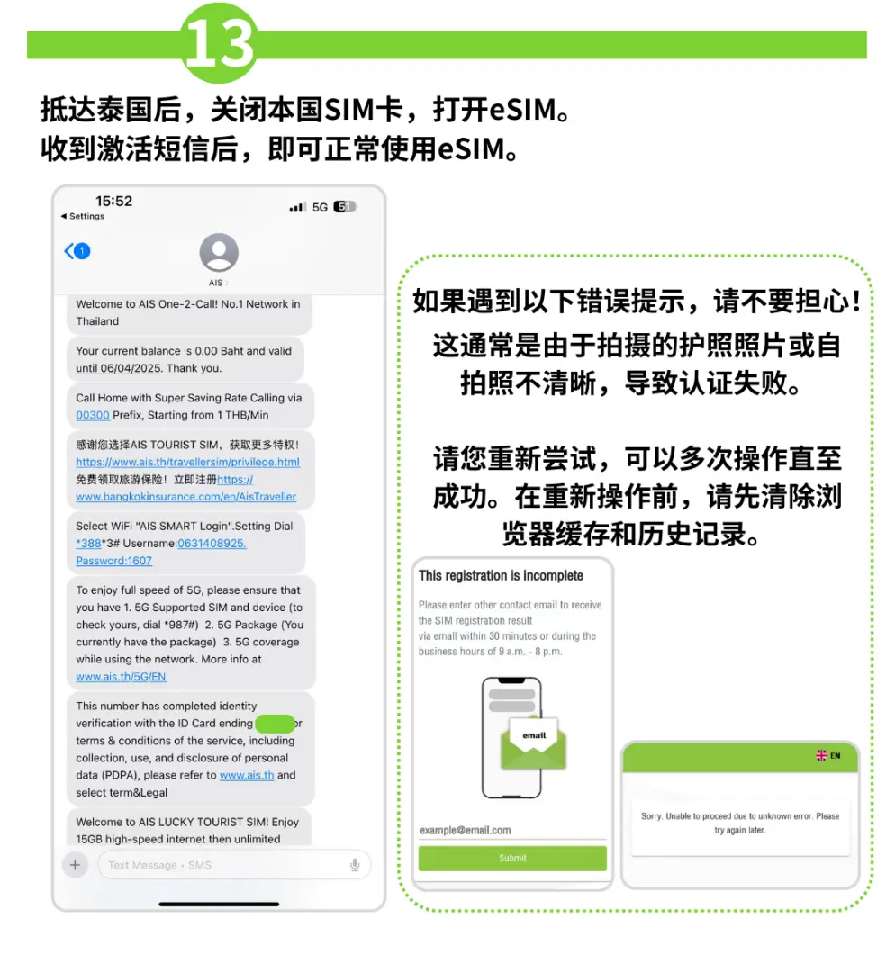 泰国AIS eSIM启动指南第13步，中文界面显示抵泰后启用、接收短信及常见注册错误排除，确保游客顺利上网。